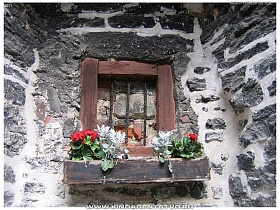 запечатанное маленькое окно с цветами в каменной стене
