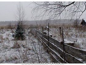 покосившейся забор из длинных досок между двумя участками, заросшими травой, с деревянными скамейками и небольшими елями на опушке леса под снегом