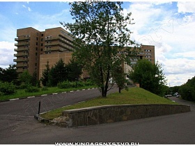 современное здание многоэтажного корпуса большой больницы на возвышении в окружении зеленых сосен и лиственных деревьев