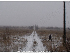 длинная накатанная проселочная дорога, покрытая белым снегом на заросшем поле с высокой сухой травой