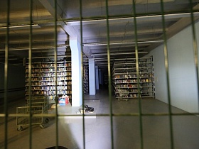 Запертое подземелье книгохранилища в луче фонаря