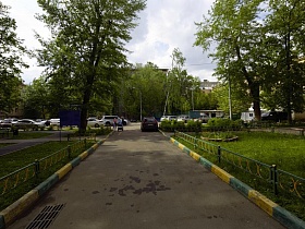 автомобильная дорога между низким заборчиком зеленых участков на коммунальном дворе