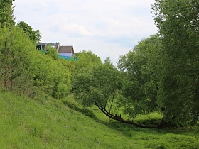 красивые жилые дома среди густой кроны деревьев на крутом зеленом берегу реки
