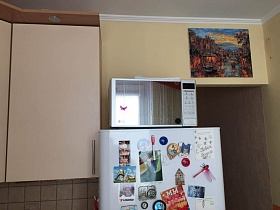 белая микроволновка с зеркальной дверцей на белом холодильнике, яркая картина на бежевой стене кухни над открытым дверным проемом двухкомнатной современной квартиры