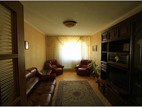 общий вид гостиной в коричневом цвете в трешке панельного дома