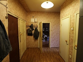 пакеты и одежда на крючках настенной вешалки, электросчетчик на стене с бежевыми обоями, светильник с круглым абажуром на потолке прихожей  нищей квартиры в жилом доме