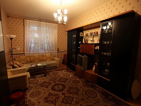 коричневая мебельная стенка с посудой за стеклянными дверцами, картинами, вазами на открытых полках и телевизором в гостиной с бежевой мягкой мебелью у окна с белой гардиной разноплановой простой квартиры