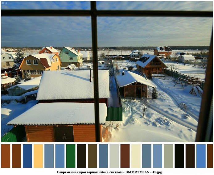 вид из окна трехэтажного деревянного дома на участок и соседние современные дома в зимнее время