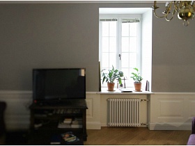 плоский черный телевизор на тумбе с книгами у окна с комнатными цветами гостиной зоны двухкомнатной квартиры в жилом доме
