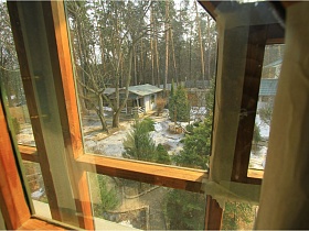 вид из окна необычного дома на краю обрыва на просторный участок с многочисленными елями у дорожек и сосновый лес за забором