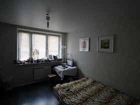 кровать с тигровым покрывалом у стены со светло серыми обоями, монитор на столе, покрытое белой тканью в спальне с большим окном без гардин просторной квартиры в Котельниках