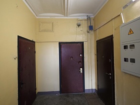 входные двери жилых квартир на ухоженной площадке этажа многоэтажного дома сталинки