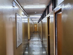 Длинный коричневый прямой коридор с дверьми справа и слева и верхним светом