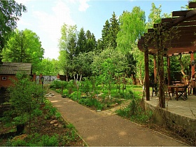 чистый ухоженный двор с фруктовыми деревьями и кустарниками, широкими дорожками, выложенные плиткой большого участка современного дома для съемок кино