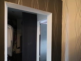 вид на гардеробную с одеждой в шкафу за серой шторой из прихожей современной квартиры на первом этаже жилого многоэтажного дома в Котельниках