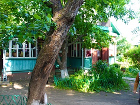 ухоженный участок с зеленым полисадником и деревьями у открытых дверей  деревянной художественной дачи-музей