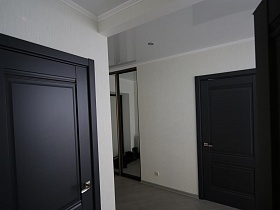 встроенный шкаф-купе с зеркальными дверцами в светлой прихожей с черными межкомнатными дверьми дачи в стиле-скандинавсуий минимализм для съемок кино