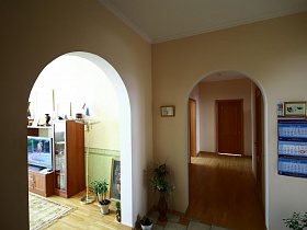 арочные дверные проемы из светлой прихожей в гостиную и коридор большой простой семейной квартиры в Марьино