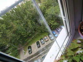 вид из окна двушки на алею с высокими деревьями и придомовую территорию с прпаркованными машинами в новострое