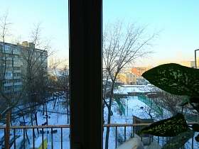 придомовая территория и соседний жилой многоэтажный дом из окна рабочей комнаты квартиры в темных тонах советского времени