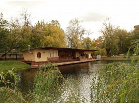 общий вид небольшого уютного летнего кафе на озере с открытой террасой под навесной крышей в окружении зеленых деревьев и плакучих ив