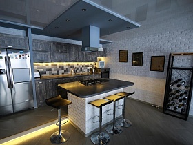 двухдверный серебристый холодильник, мебельная стенка, барные стулья у стола с черной столешницей в центре зоны кухни стильного загородного дома
