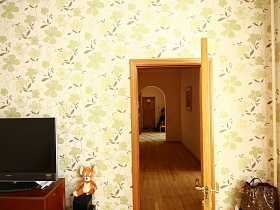 входная дверь и арочный дверной проем прихожей, длинный узкий коридор с коричневым линолеумом на полу сквозь открытую дверь спальной комнаты простой семейной квартиры в Марьино