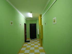 красивый коридор с салатовыми стенами и потолком с лампой дневного света, бело желтой плиткой на полу и ковриками у входных дверей жилых квартир в подъезде дома