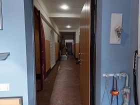 открытая дверь из голубой прихожей в длинный коридор с белым потолком и бежевыми панелями подъезда сталинского дома