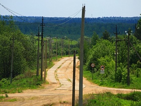 извилистая дорога, выложенная плитами, с дорожными знаками и линией электропередач в густом зеленом лесу для съемок кино