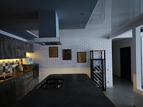 вытяжка в потолке по центру зоны кухни над газовой плитой, встроенной в обеденный стол стильной скандинавской дачки
