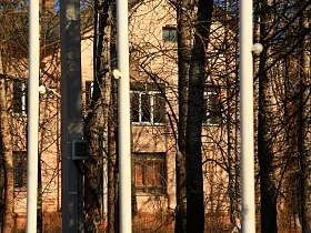 окна жилого дома городка Сычево сквозь стволы высоких деревьев, фонарные столбы и флагштока