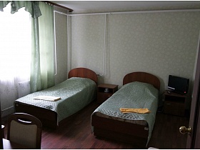 две кровати с прикраватными тумбочками и телевизором в светлом двух местном номере базы отдыха Юг