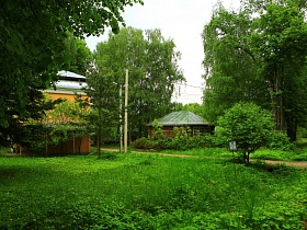 просторная поляна с густой сочной зеленой травой, кустарниками и высокими деревьями у желтого дома в старом городке для съемок кино