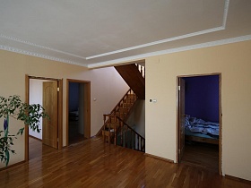 просторный холл с белым потолком и бежевыми стенами, с открытыми дверьми в разные комнаты и выходом на лестницу между этажами семейной уютной современной дачи с видом на город