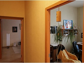 открытые межкомнатные двери из просторной светлой прихожей в восточную спальню и рабочую комнату простой квартиры