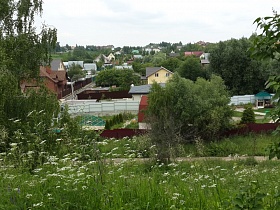 вид на коттеджный поселок с элитными домами в лесополосе с территории Домодедовского кладбища