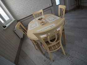 вазочки с печеньем и конфетами, индивидуальные салфетки на поверхности бежевого овального стола со стульями в гостиной современного кирпичного дома со светлой отделкой