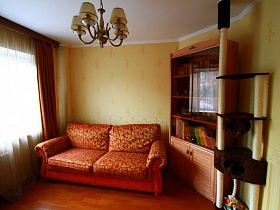 красный цветной диван с подушками, книжный шкаф,когтеточка с полками для кошки у стены с желтыми обоями в гостиной современной квартиры государственного служащего