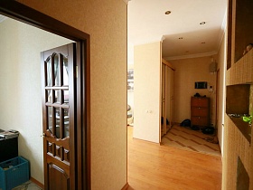 встроенный коричневый шкаф из гипсокартона с открытыми полками напротив открытой двери на кухню современной трехкомнатной квартиры в жилом доме