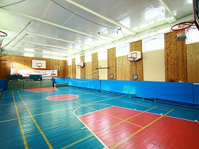 огромный спортивный зал с необходимым инвентарем в типовой школе классического здания