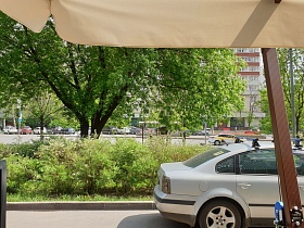 аллея с зелеными деревьями, кустарниками, припаркованные машины на проезжей дороге перед зданием современного ресторана Академия