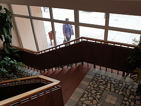 высокие комнатные растения на полу площадок с мозаичной плиткой широкой лестницы с ограждением и деревянными перилами в здании столовой СССР