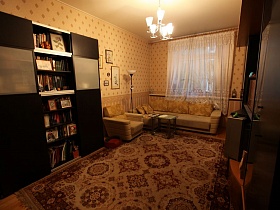большой цветной ковер на полу гостиной с мягким диваном, креслом,торшером и коричневым шкафом с книгами на открытых полках разноплановой трехкомнатной квартиры