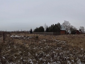 металлическая сетка забора заброшенного участка, деревянный домик с высокими елями за высоким забором в деревне зимой