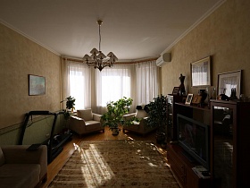 светло серые мягкие кресла, спортивный тренажер, комнатные цветы и большой светлый ковер на полу гостиной с белой гардиной на эркерных окнах простой большой квартиры в Марьино