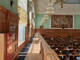 Балкон Российской библиотеки главного читального зала, гигантские люстры в зале