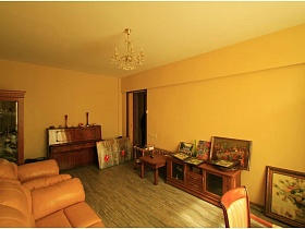 карины на полу,на тумбе у стены гостиной с желтыми стенами в типичной двухкомнатной квартире