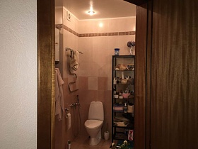 белый санузел, стеклянный шкаф с туалетными принадлежностями на полках у бежевой стены ванной комнаты с полотенцесушителем