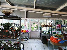 яркие цветные лейки, готовый грунт, горшочки, корзины и разнообразные цветущие комнатные растения на полках стеллажей цветочного магазина
